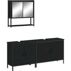 3-Piece Engineered Wood Bathroom Set with Black Wall-Mounted Mirror Cabinet