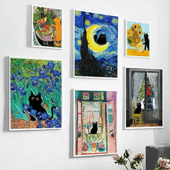 Funny Art Canvas Prints – Black Cat & Van Gogh Sunflowers Inspired Posters
