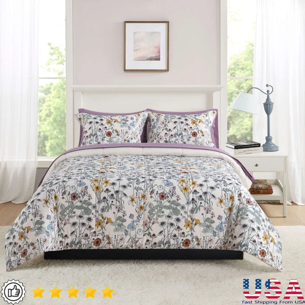 7-Piece Reversible Floral Comforter Set – King Size with Sheets & Pillowcases