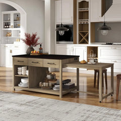 Extendable Retro Kitchen Island Cart with Drawers, Shelves & Power Outlets