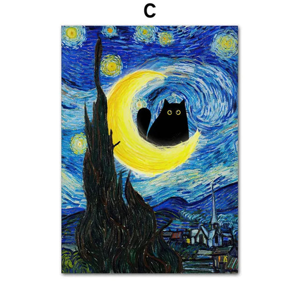 Funny Art Canvas Prints – Black Cat & Van Gogh Sunflowers Inspired Posters