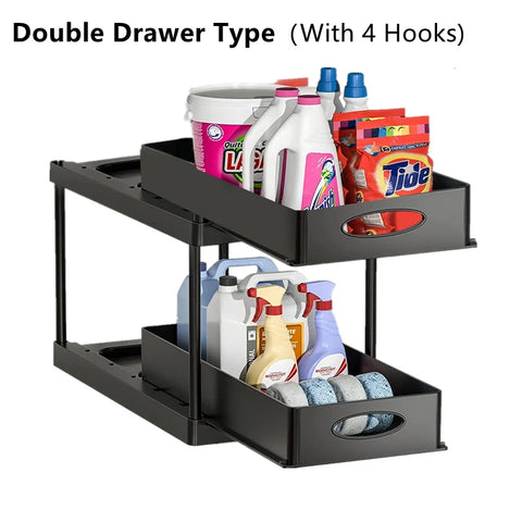 2-Tier Sliding Under Sink Organizer with Hooks & Hanging Cup
