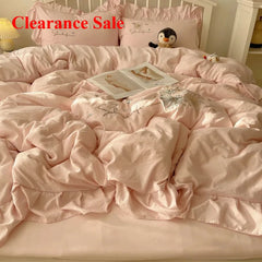 Lace Embroidery Heart Design 4-Piece Washed Cotton Summer Bedding Set