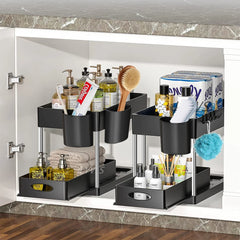 2-Tier Sliding Under Sink Organizer with Hooks & Hanging Cup