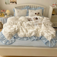 Lace Embroidery Heart Design 4-Piece Washed Cotton Summer Bedding Set