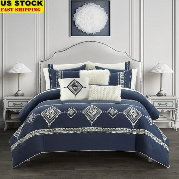 Navy 12-Piece Queen Bed in a Bag Comforter Set with Sheets & Pillows