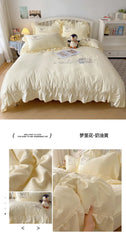 Lace Embroidery Heart Design 4-Piece Washed Cotton Summer Bedding Set