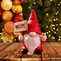Christmas Elf Figurine with Festive Welcome Sign – Faceless Dwarf Statue