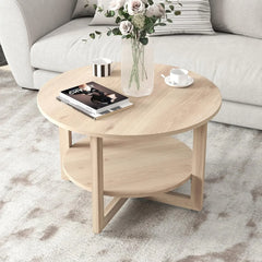 Modern Round Wooden Coffee Table with 2-Tier Storage
