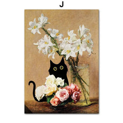 Funny Art Canvas Prints – Black Cat & Van Gogh Sunflowers Inspired Posters
