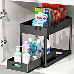 2-Tier Sliding Under Sink Organizer with Hooks & Hanging Cup