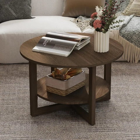 Modern Round Wooden Coffee Table with 2-Tier Storage