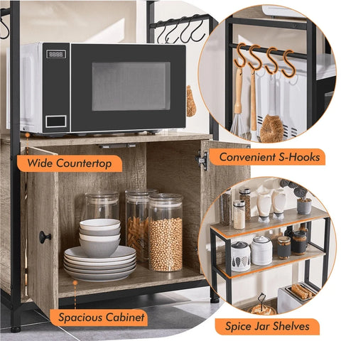 Wooden Baker’s Rack with Open Shelves & Hooks – Microwave Stand