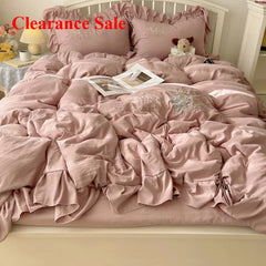 Lace Embroidery Heart Design 4-Piece Washed Cotton Summer Bedding Set