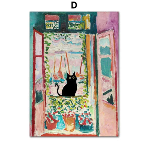 Funny Art Canvas Prints – Black Cat & Van Gogh Sunflowers Inspired Posters