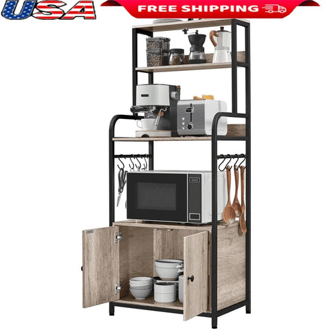 Wooden Baker’s Rack with Open Shelves & Hooks – Microwave Stand