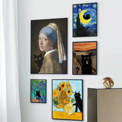 Funny Art Canvas Prints – Black Cat & Van Gogh Sunflowers Inspired Posters