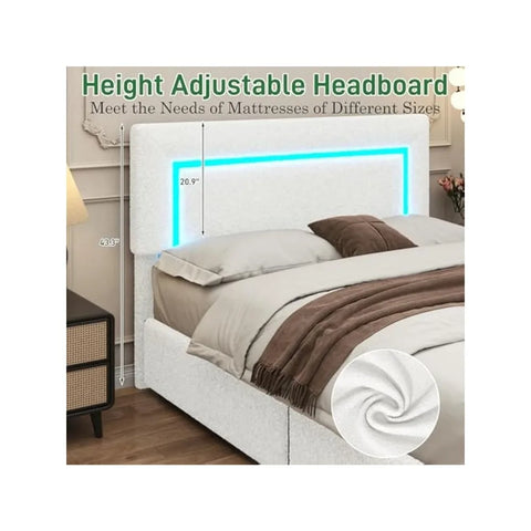 Queen Upholstered Bed Frame with LED Lights & 4 Drawers