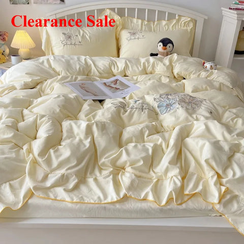 Lace Embroidery Heart Design 4-Piece Washed Cotton Summer Bedding Set