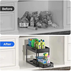 2-Tier Sliding Under Sink Organizer with Hooks & Hanging Cup