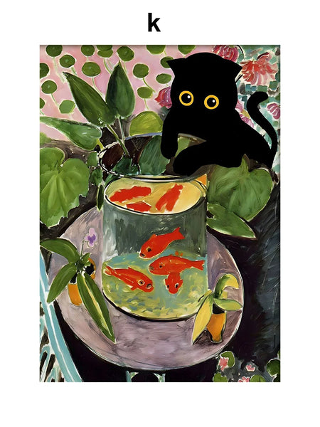Funny Art Canvas Prints – Black Cat & Van Gogh Sunflowers Inspired Posters